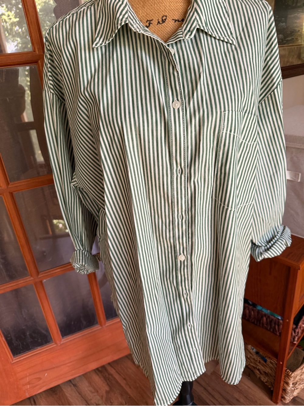 Maeve Green and White Vertical Stripe Button-Down Shirt